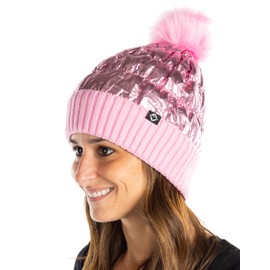 Funky Junque Womens Beanie Puffer Hat Faux Fur Pom Pom Winter Down Shiny Metallic Winter Soft Fleece Lined Knit Cuff, Pink, One Size