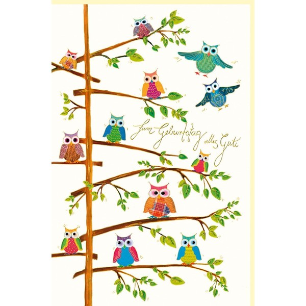 Skorpion Birthday Card s Art Owls on Tree, Natural Cardboard,