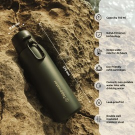 Tappwater BottlePro Adventure Water Bottle 750 ml Thermal Bottle with Filter, Filters 99.99% of Pathogens. For Non-Drinking Water. Reusable Bottle Made of BPA-Free Stainless Steel