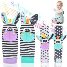 Pack of 4 Baby Rattles Toy Wrist and Socks, Rattle Baby Socks, Baby Play Socks, Soft Baby Wrist, Wrist Rattle Socks for 0-12 Months Newborn, Baby Gift