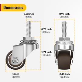 HOLKIE Castor Wheels 25mm Castors for Furniture Casters Set of 4 Stem Caster Wheels for Trolley M6-1 x 20mm (Stem Diameter 6mm, Stem Length 20mm) Total Capacity 40KG (2 with Brakes and 2 without)