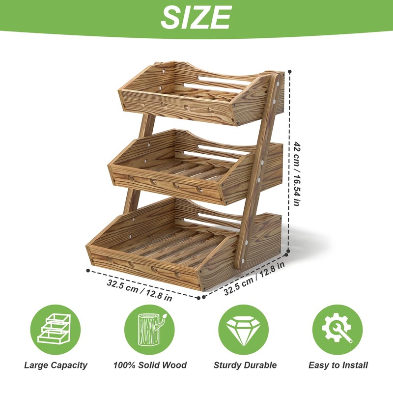 3 Tier Wooden Fruit Basket for Counter, Fruit Bowls, Large