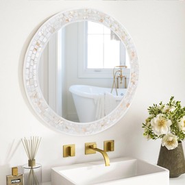 Tanmicoshomy Round Wall Mirror 24 Inch,Circle Mosaic Mirror with Natural Mother of Pearl and Wood Frame, Decorative Coastal Round Wall Mirror for Bathroom Bedroom Living Room Entryway