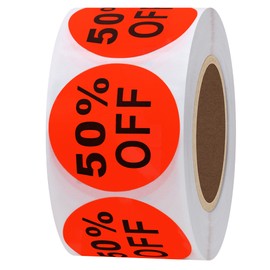 Hycodest 500 pcs Product Stickers Fluorescent Red 1.5" Round Off 50% Labels for Retail Stores Supermarkets