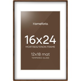 Homeforia 16 x 24 Picture Frame Brown, Mortise & Tenon Walnut 16x24 Wooden Poster Frames with Mat 12x18 for Wall, 24x16 Dark Wood Frames Matted to 12 by 18 inch Art, Tempered Glass, Wall Kit, Set of 1