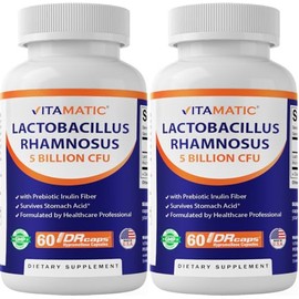 Vitamatic Lactobacillus Rhamnosus 5 Billion per DR Capsule (10 Billion Per 2 Capsules) - 60 Count - Advanced Digestive & Immune Support - Made with Prebiotic Inulin Fiber- 2 Pack