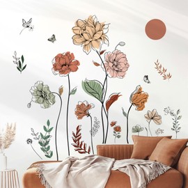 decalmile Boho Watercolor Flower Wall Decals Bohemian Floral Plants Sun Wall Stickers Living Room Bedroom Office Wall Decor