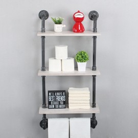 MBQQ Industrial Pipe Shelf Bathroom Shelves Wall Mounted,19.6in Rustic Wood Shelf with Towel Bar,3 Tier Farmhouse Towel Rack Over Toilet,Pipe Shelving Floating Shelves Towel Holder,Retro White