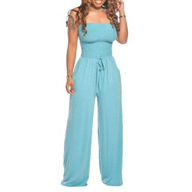 ECDAHICC - Mameluco sin tirantes para mujer, estilo casual, hombros descubiertos, color sólido, con cinturón, pierna ancha, con bolsillos, Azul/claro, XL