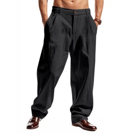 TAFLE Mens Linen Pants Lightweight Solid Casual Pants Straight-Legs Loose Fit Summer Beach Yoga Trousers with Pockets Black