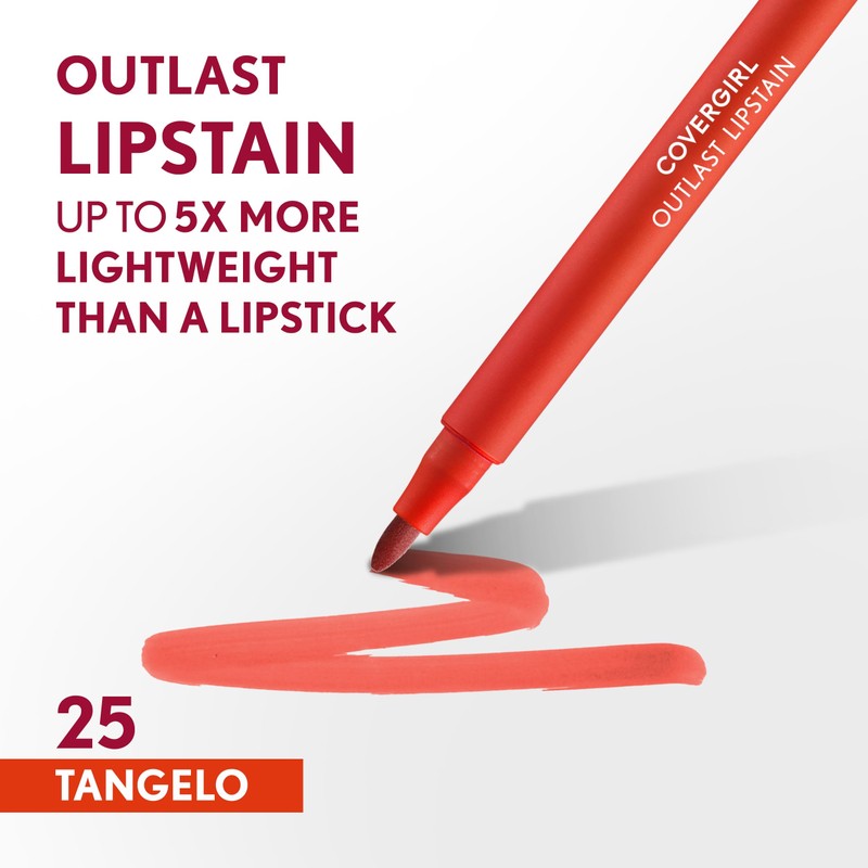 COVERGIRL Outlast, 25 Tangelo, Lipstain, Smooth Application, Precise Pen-Like Tip,