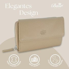 Baur Women's Genuine Leather Wallet with RFID Protection, Large Wallet, Many Card Slots, Wallet with Press Stud and Zip Coin Compartment, Women's Wallets, taupe, Classic
