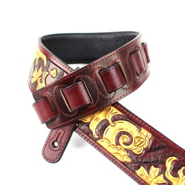 Walker And Williams LHR-27 Handmade Garnet Red Premium Carved Leather Guitar Strap With Gold Sumi-E Wave Scene For Acoustic, Electric, And Bass Guitars