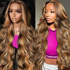 Honey Blonde Ombre Lace Front Wig Human Hair 28 Inch Highlight 13x6 HD Body Wave Lace Front Wigs Human Hair Pre Plucked 180% Density Frontal Wigs for Women Glueless 4/27 Highlighted Human Hair Wig