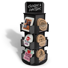 DS THE DISPLAY STORE 3 Tier Rotating Sticker Display Stand for Vendors, Black Wooden Countertop Organizer Shelf for Coasters, Retail, Showcase, Tradeshow