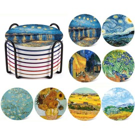 Heideryafei 4 Inch Round Marble Coasters, Van Gogh Art Painting Style Beverage Coasters with Storage Rack 8-Piece Set
