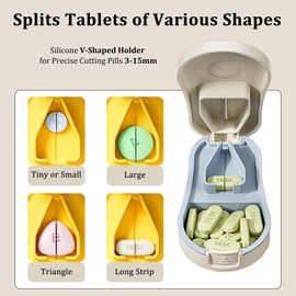 Pill Cutter Splitter for Small and Tiny Pills - Professional Pill Cutter for Small or Large Pills | Wrap-Around Blade Guard | Detachable Nonslip V-Shaped Pad | Easy Open | Back Storage, Cyan (White)