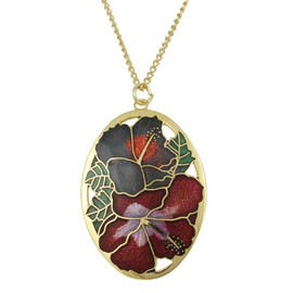 Lilylin Designs Chain with Red & Gray Hibiscus Cloisonne Pendant