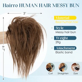 Hairro Messy Bun Hair Piece Human Hair For Women Wrap On Scrunchies Remy Updo Extension Elastic Rubber Band Chignon Hairpieces 29g #06 Light Brown