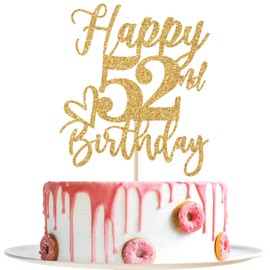Decoración para tartas de feliz cumpleaños 52, 52 decoraciones de cumpleaños para mujeres/hombres, saludos a 52 años, Hello 52, suministros para fiesta de feliz cumpleaños 52, purpurina dorada