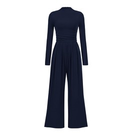 PRETTYGARDEN Women's Jumpsuit Dressy Casual Fall Fashion One Piece Outfits Long Sleeve Mock Neck Wide Leg Pants Rompers (Navy,Large)