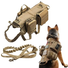 Tactical Dog Vest Harness Heavy Duty Dog Harness with 3 MOLLE Bags&1 Bungee Dog Leash
