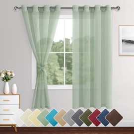 XWZO Linen Look Voile Curtains Bean Green,Grommet Top Semi Transparent Eyelet Sheer Drapes for Living Room,Kids Room,W55*L63,2 Panels