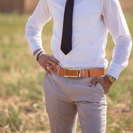 DOOPAI Men's Automatic Leather Belt with Ratchet for Business Suit, 35 mm Wide, Size Adjustable, No Holes, 08 Gel Debbrauner Gürtel De