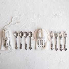 Creative Co-Op Vintage Embossed Brass Drawstring Bag, Set of 4, Antique Silver Finish Spoon