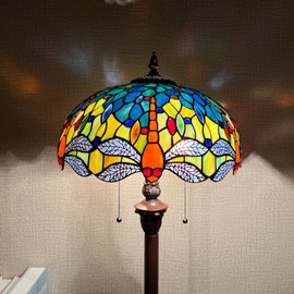 Capulina Tiffany Floor Lamp 2-Light 16 Inches Wide Blue Orange Dragonfly Style Stained Glass Standing Reading Floor Light for Living Room Bedroom Home Office