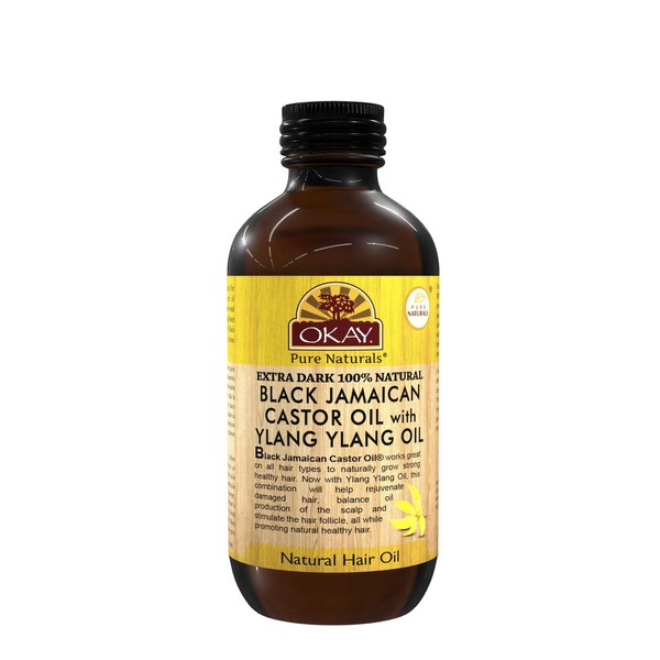 Okay Black Jamaican Castor Oil With Ylang Ylang Oil Extra Dark 100% Natural | Helps Rejuvenate Damaged Hair| Helps Soothe Scalp & Skin, Helps Naturally Grow Strong Hair, Helps Balance Oily Hair