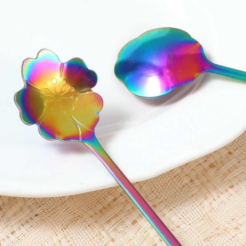 Flower Spoon Set Rainbow Stainless Steel Reusable Long Spoons Cute