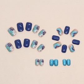 AZTSYT Short Press on Nails Square Fake Nails Blue Flower False Nails with Corrugation Design Glitter Acrylic Nails Cute Press on Nails Full Cover Stick on Nails Artificial Nails for Women Girls 24Pcs