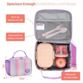 BrainyBees Kids Lunch Bag for Girls - Insulated Kids Lunch Box with Water Bottle Holder Toddler Lunchbox for Daycare and School, Easy to Clean, Glitter Purple Mermaid