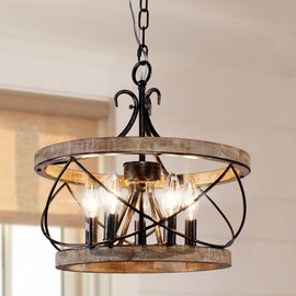 16“ Farmhouse Chandelier Light Fixture, 5-Light French Country Wood Chandelier Rustic Drum Light Fixture Over Table for Kitchen Island Dining Room Entryway