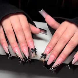 FIEONCIY Press on Nails Long Coffin Shaped Acrylic Glossy Full Cover Long Square French False Nails with Designs Artificial Extra Long Fake Nails with Charms Glue ons Fingernails for Women(S436)