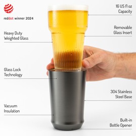 Elevated Craft Hybrid Vacuum Insulated Stainless Steel Base with Removable Pint Glass Insert, Ideal Insulation for Beers & Cold Beverages with Built-in Bottle Opener, Durable & Stylish, Black (16 oz)