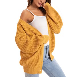QUALFORT Women's Mustard Cardigan Sweaters for Women 100% Cotton Button-Down Long Sleeve Oversized Knit Outerwear Mustard XX-Large