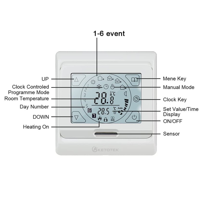 KETOTEK Digital Water Underfloor Heating Thermostat Programmable 3A, Under Floor