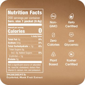 Monk Fruit In The Raw Sweetener Packets, 200 Ct, Keto Certified Monk Fruit Sweetener Packets, Zero Calories, Zero Net Carbs, Non-GMO Project Verified, Vega, Low Glycemic Index