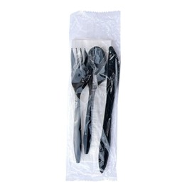 Boardwalk Disposable Plastic Cutlery Set, Four Piece Silverware Kit, Case of 250 Medium Weight Fork Knife Spoon Napkin, Polystyrene, Black, Individually Wrapped