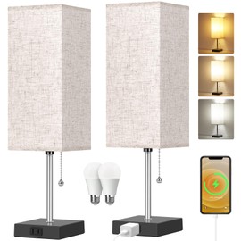 Dott Arts Table Lamp Set of 3, 3-Color Bedside Lamps with Pull Chain, AC Outlets, 18'' Night Light, Black