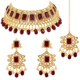Aheli Gold Plated Maroon Kundan Traditional Choker Necklace Earring MaangTikka Jewellery Set Gift for Women
