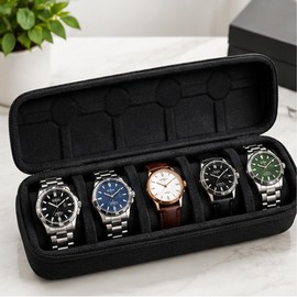 5-Slot Watch Organizer Case for Travel – Hard Shell Storage Box with Pillow Liners for Watches and Daily Organization