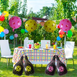 6 Pcs Pickleball Party Balloons - 2 Yellow & 2 Pink Pickleball Foil Balloons, 4 Racket Balloons for Sports Birthday Decor, Game Day Party Supplies, Baby Shower Decorations