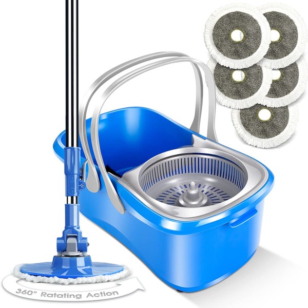 MASTERTOP Spin Mop and Bucket with Wringer Set, Microfiber Mops Bucket Floor Cleaning System, Wet Dry Spinning Mopping for Hardwood Laminate Floors - Stainless Steel Handle & 5 Reusable Pads