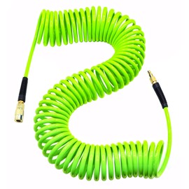 YOTOO Polyurethane Recoil Air Hose, Air Compressor Hose 1/4" Inner Diameter by 50' Long with Bend Restrictor, 1/4" Industrial Quick Coupler and Plug, Green