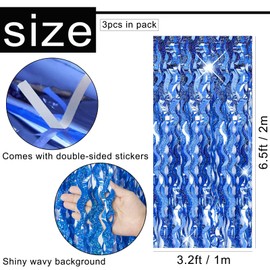 Dark Blue Foil Fringe Tinsel Backdrop Glitter,2P 3.2ft x 6.5ft Wavy Foil Curtain Decoration,Laser Foil Fringe Metallic Tinsel Door Hanging Flow Silk Streamers for Birthday Wedding Holiday Party