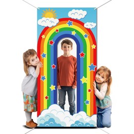 WADORN Rainbow Photo Door Banner, 2.9x5.9 Ft Colorful Striped Sky Cloud Birthday Party Phtography Backdrop Large Fabric Rainbow Face in Hole Hanging Door Cover Banner for Classroom Door Birthday