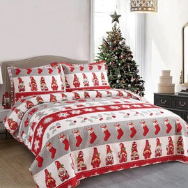 3 Pcs Xmas Quilts Full/Queen Size Red White Gray Christmas Bedspread Elf Snowflake Gingerbread Man Decorations Stripe New Year Bedding Home Decor